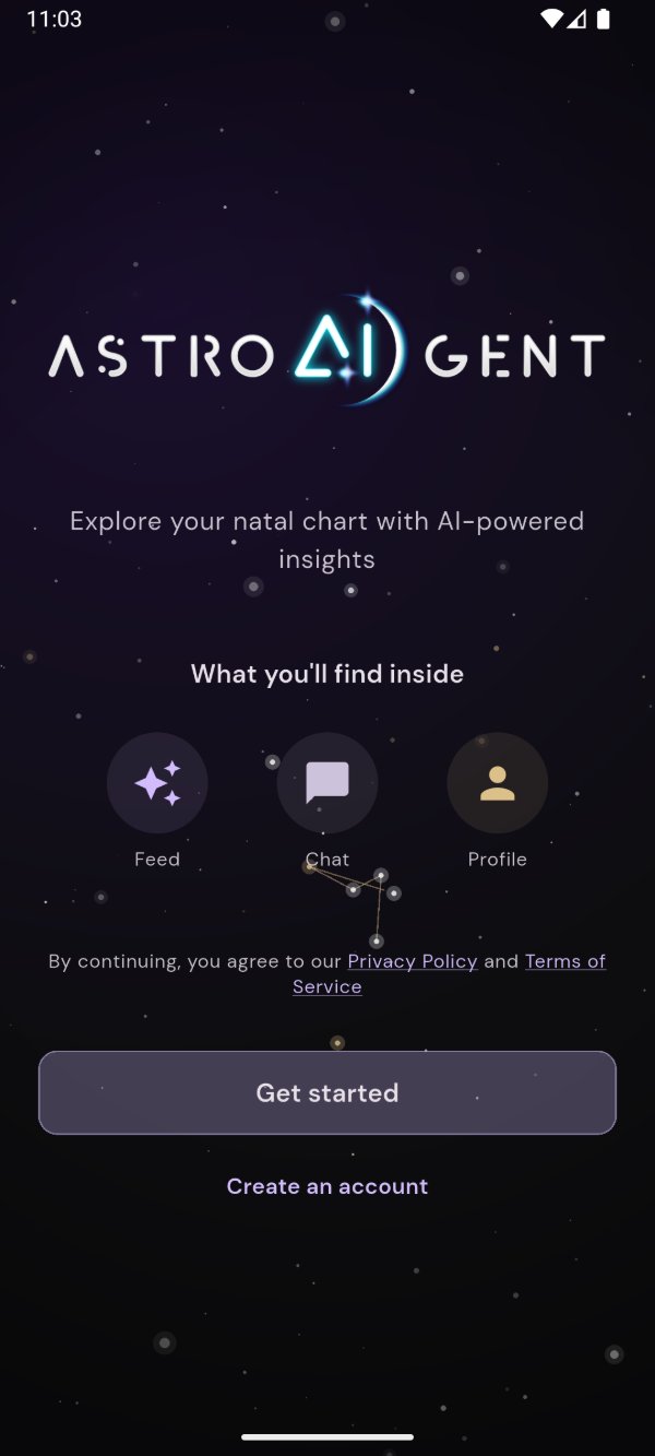 AstroAIgent welcome screen — explore your natal chart with AI-powered insights